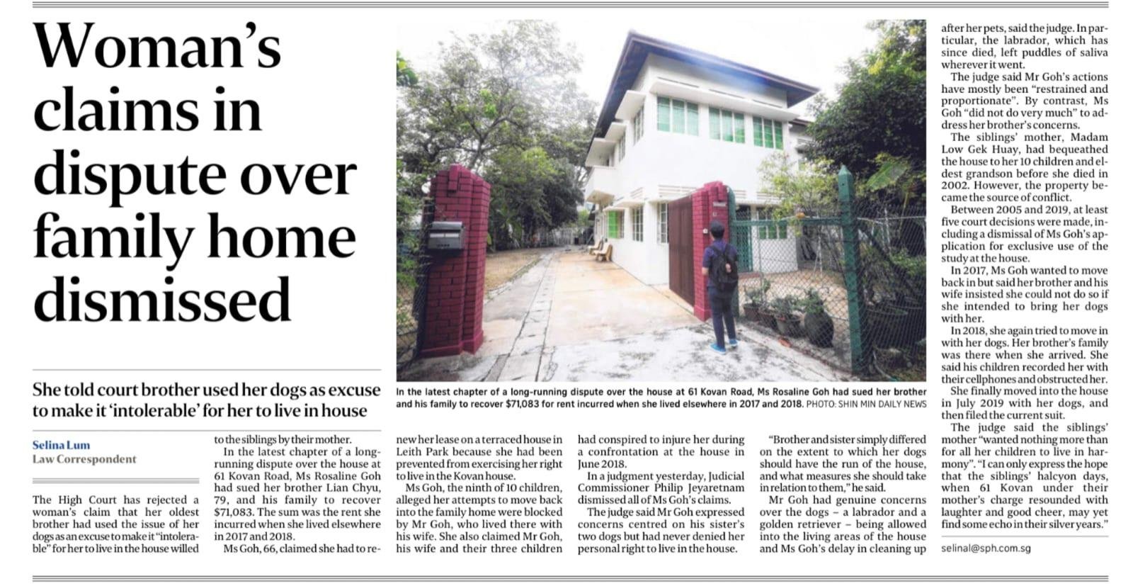 Straits Times: dispute over inherited family home
