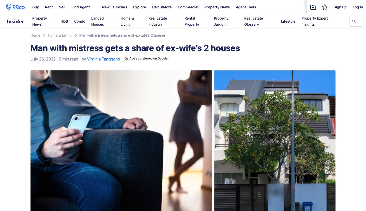 99.co: Man with mistress gets a share of ex-wife's 2 houses